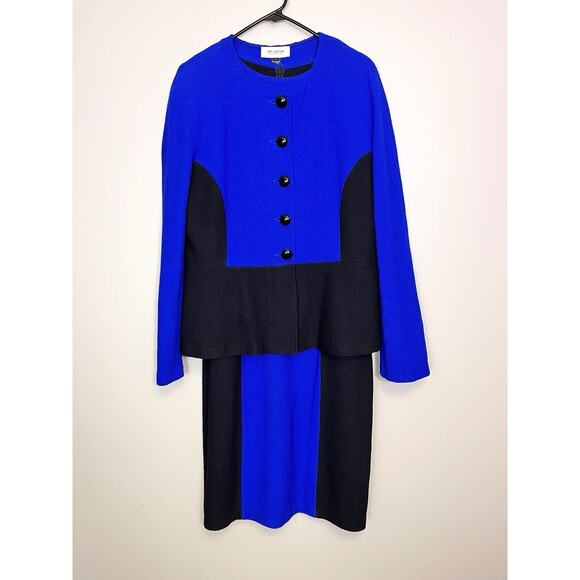 St. John Collection Black Blue 2 Piece Jacket Dress Set Santana Knit Size 12 14 - Picture 1 of 13